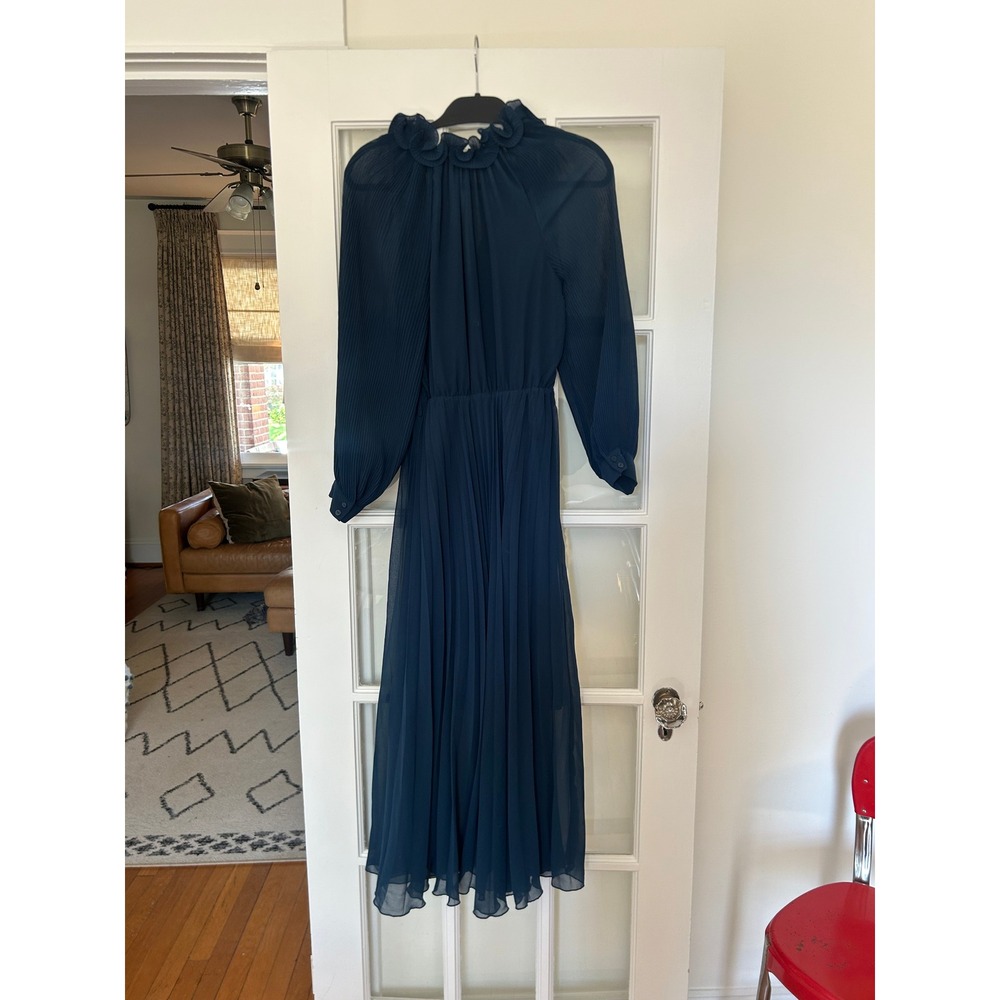 Zara Pleated Midi Dress Ruffle Neck Long Sleeve Teal Blue Size XS - Picture 4 of 7